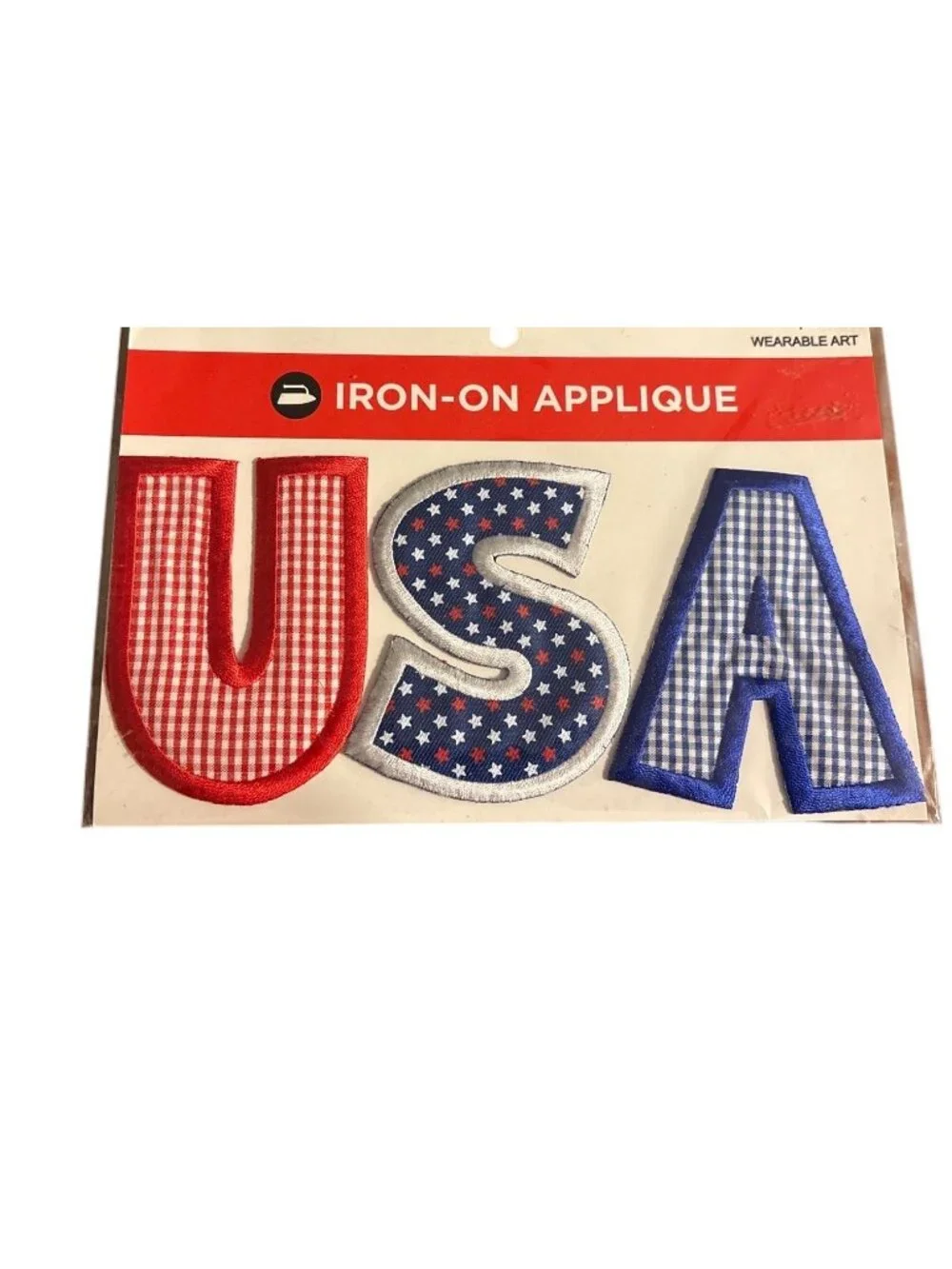 USA Iron-On Applique Wearable Art Patch Patriotic Red/Blue/White Gingham Star